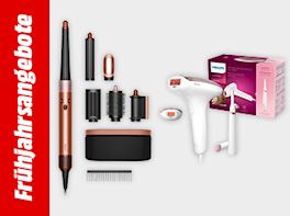 Bild mit hellgrauem Hintergrund und einem roten Streifen links und weißem Text "Frühjahrsangebote"; rechts im Bild eines Multi-Haarstyler und -trockners und eines Epiliergeräts