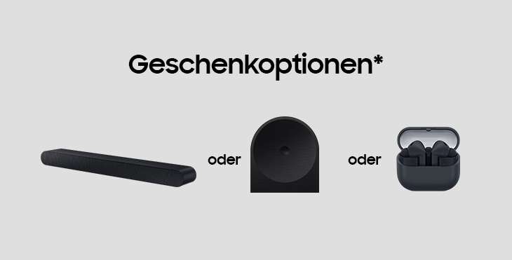 Drei Audio-Geschenkoptionen: Soundbar, WLAN-Speaker oder kabellose Kopfhörer zur Auswahl.