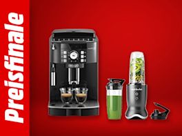 Bild mit rotem Hintergrund. Links steht: Preisfinale, daneben das Produktbild eines Kaffeevollautomaten und eines Nutri Bullet Smoothiemaker.