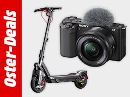 Bild mit grauem Hintergrund. Links davon steht "Oster-Deals" in weißer Schrift vor rotem Hintergrund. Rechts davon eine Kamera und ein E-Scooter.