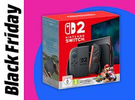 Switch 2 Konsole vor farbigem Kreis in Pink und Blau. Links im Bild steht: Black Friday.