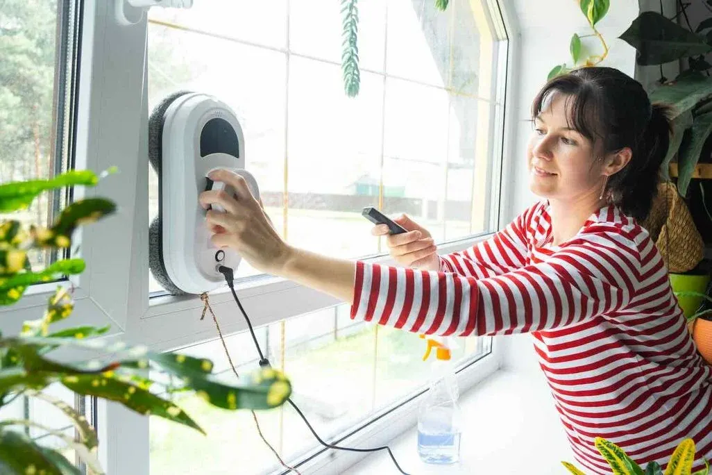 Frau setzt mit einer Hand einen Fensterroboter auf eine Fensterscheibe auf, mit der anderen hält sie die Fernbedienung.