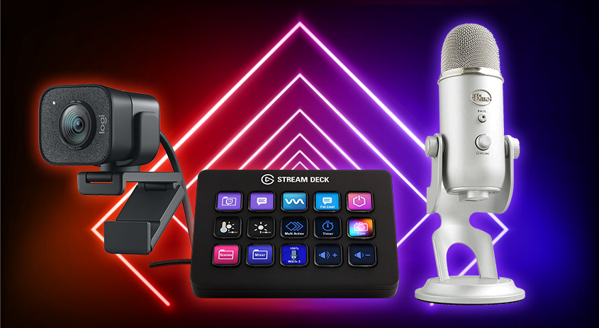 Eine Webcam, ein Stream Deck und ein Mikrofon sind vor einem rot-blauen Hintergrund mit Neonlinien zu sehen.