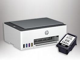 Produktbild eines Multifunktionsdruckers und einer schwarzen Tintenpatrone 