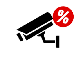 Schwarzes Symbol einer Überwachungskamera. Ein rotes Prozentzeichen auf dem Bild soll ein Hinweis auf Angebote im Bereich "Sicherheit, Alarm & Smart Home" sein.
