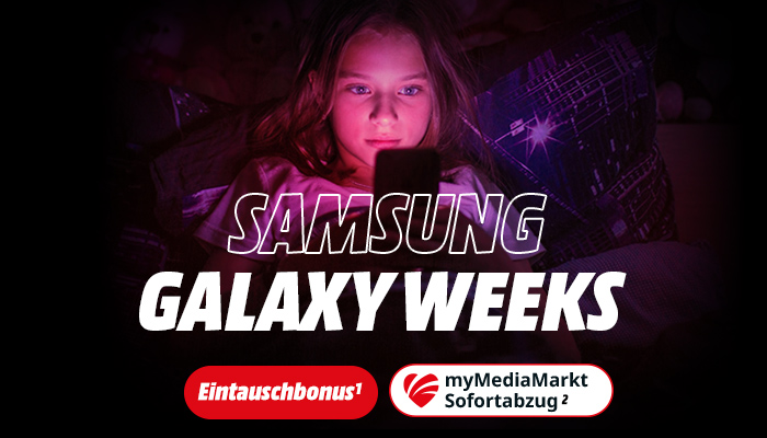 Junge Frau mit Smartphone in futuristischer lila-pinker Beleuchtung. Text 'Samsung Galaxy Weekend' mit Eintauschbonus und myMediaMarkt Sofortabzug Logos