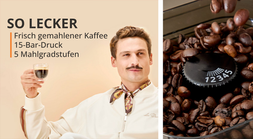 Mann mit Espresso-Tasse und Kaffeekörnern. SO LECKER: Frisch gemahlener Kaffee, 15-Bar-Druck, 5 Mahlgradstufen. Krups Kaffeemaschine."