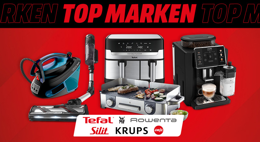 Auf rotem Grund sind Küchengeräte wie Bügeleisen, Staubsauger, Fritteuse, Grill und Kaffeemaschine zu sehen.