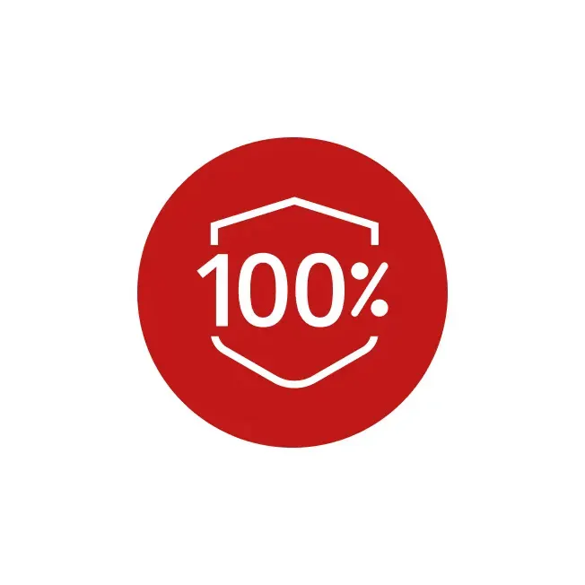 Roter Kreis mit weißer "100%"-Grafik in einer sechseckigen Klammer auf weißem Hintergrund.