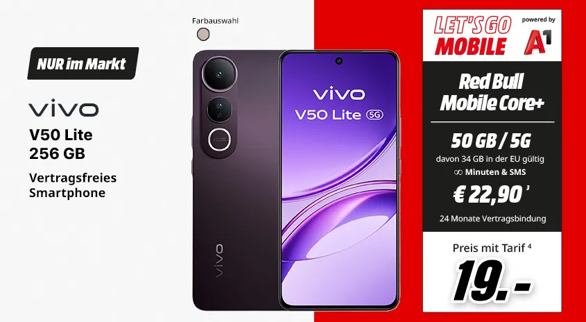 Vivo V50 Lite, 256 GB, verschiedene Farben, vertragsfrei im Markt, mit Let's Go Mobile powered by A1 Redbull Mobile Core+ Tarif um € 19,-