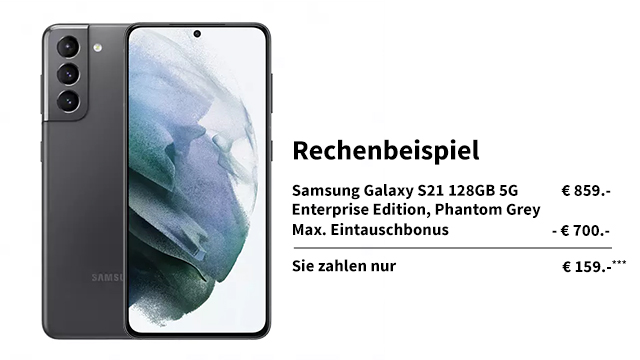 Graues Samsung Galaxy S21 mit drei Kameras. Daneben ein Preisschild mit „Rechenbeispiel“ und Preisdetails.