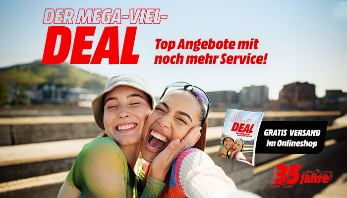 Eine Werbeanzeige zeigt einen "MEGA-VIEL-DEAL" mit kostenlosem Versand im Onlineshop vor einer Landschaft.