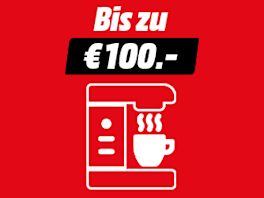 Grafik mit rotem Hintergrund: Oben steht in Weiß „Bis zu €100.-“, darunter ein weißes Icon einer Kaffeemaschine