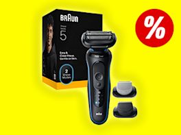 Herren-Rassierer vor gelben Hintergrund. Rechts oben im Bild ist ein großes Prozentzeichen zu sehen.