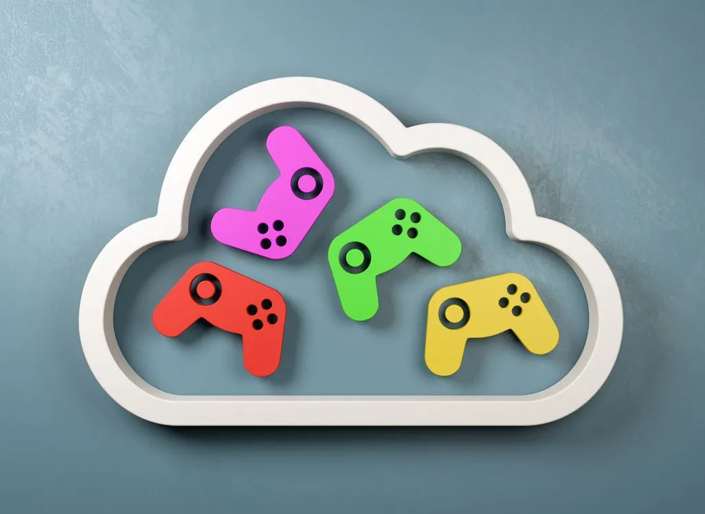 Illustration einer Wolke mit vier bunten Gamecontrollern darin