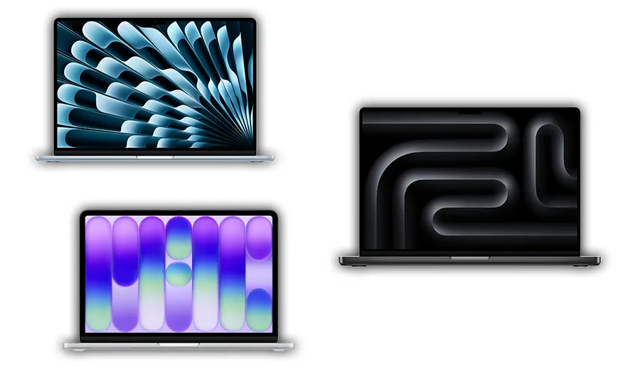 Aufgeklappte MacBook Neo, MacBook Air mit M5 und MacBook Pro mit M5 mit bunten Formen auf weißem Hintergrund.