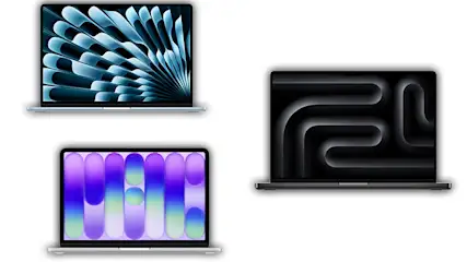 Aufgeklappte MacBook Neo, MacBook Air mit M5 und MacBook Pro mit M5 mit bunten Formen auf weißem Hintergrund.