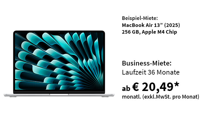 Beispiel-Miete: MacBook Air 13" (2025) 256 GB, Apple M4 Chip. Business-Miete: Laufzeit 36 Monate ab €20,49* monatl. exkl. MwSt. pro Monat