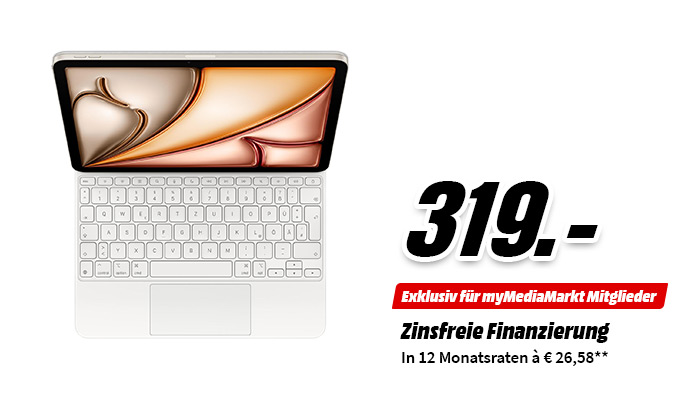 Apple iPad mit weißer Tastaturhülle, Preis 319 €, exklusiv für myMediaMarkt, zinsfrei in 12 Raten à 26,58 €