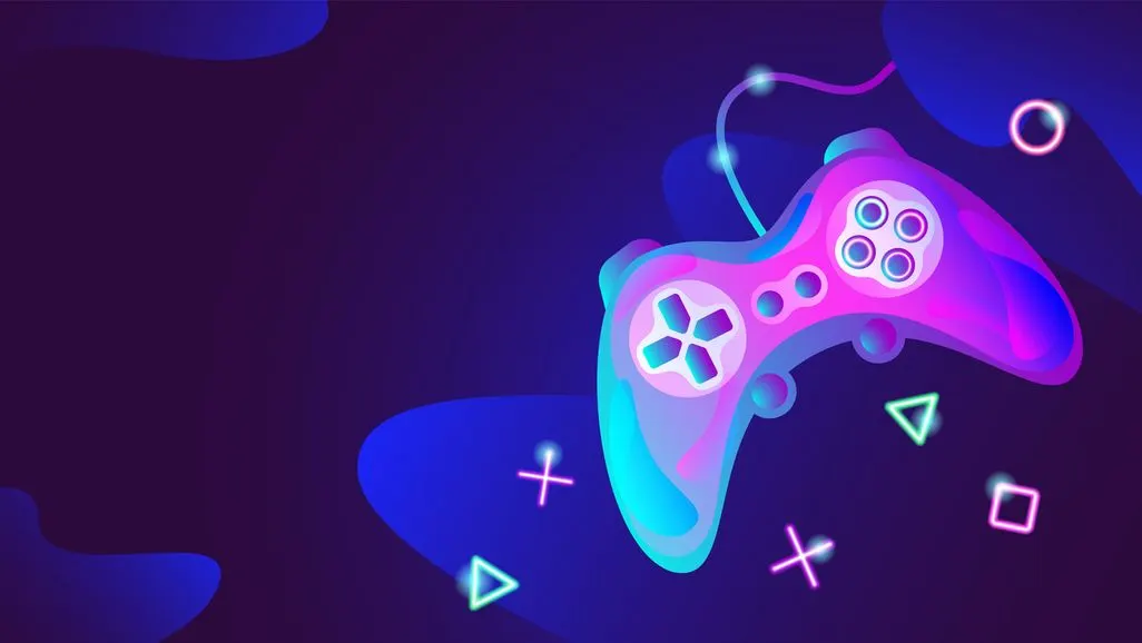 Bunt leuchtender Gamecontroller im Neonstil mit geometrischen Symbolen im Hintergrund