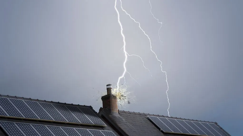 Blitz schlägt in einen Schornstein eines Hauses mit Solarpanels auf dem Dach ein.