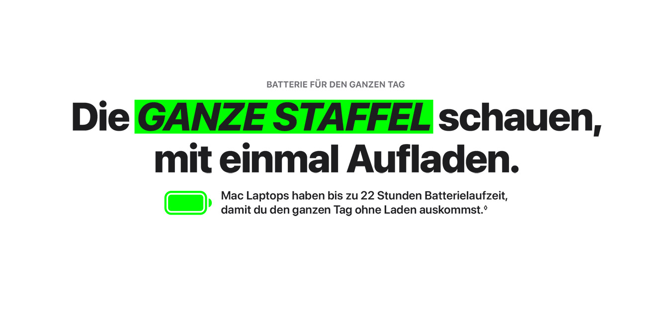 Weiße Anzeige mit Text über Mac-Laptop-Akkulaufzeit. "GANZE STAFFEL" ist grün hervorgehoben. Eine grüne Batterieikone wird angezeigt.