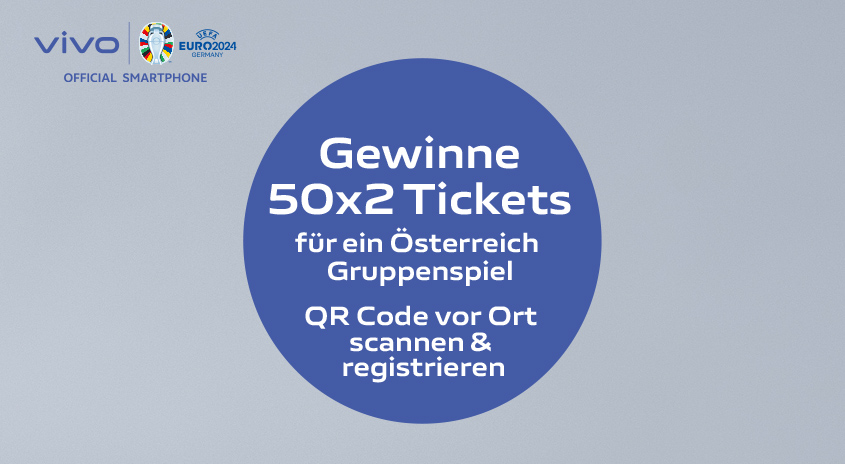 Vivo und EURO2024 Logos. Blauer Kreis mit Text: "Gewinne 50x2 Tickets für ein Österreich Gruppenspiel. QR Code vor Ort scannen."