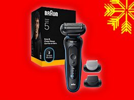 Herren Rassierer auf rotem Hintergrund, dekoriert mit gelber Schneeflocke in der Ecke.