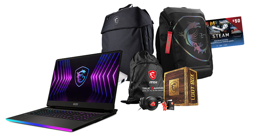 Ein Laptop, zwei Rucksäcke, eine Steam-Geschenkkarte, ein Loot Box, Kopfhörer und eine Tragetasche sind auf weißem Hintergrund zu sehen.