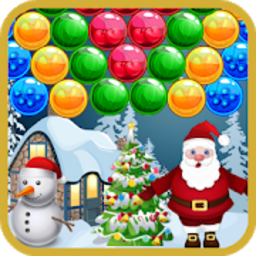 App Symbol des Spiels Christmas Bubble Shooter mit bunten Kugeln oben und einer Weihnachtslandschaft samt Schneemann und Weihnachtsmann unten.