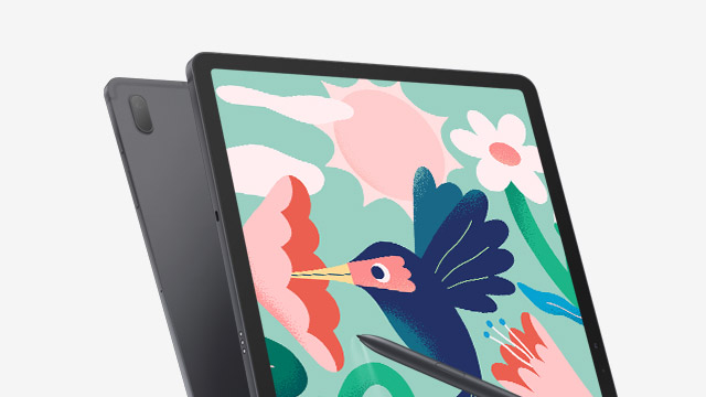 Auf dem Tablet-Bildschirm ist eine Illustration von Blumen und einem Vogel zu sehen, darunter ein Stift.