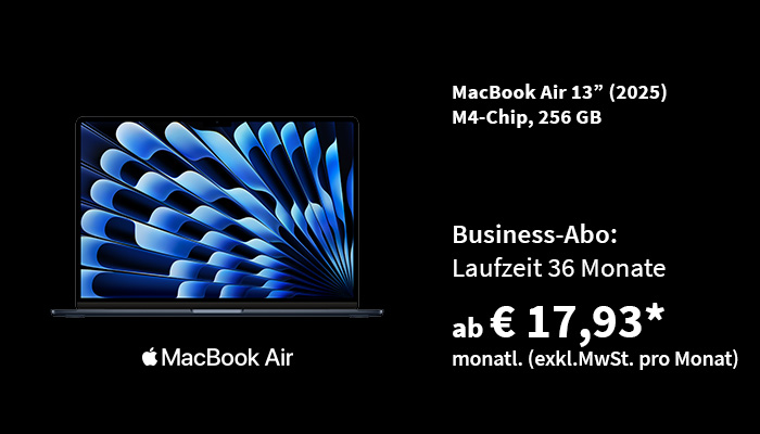 Apple MacBook Air 13" 256 GB. Business-Abo: Laufzeit 36 Monate ab € 17,93* monatl. (exkl. MwSt. pro Monat)