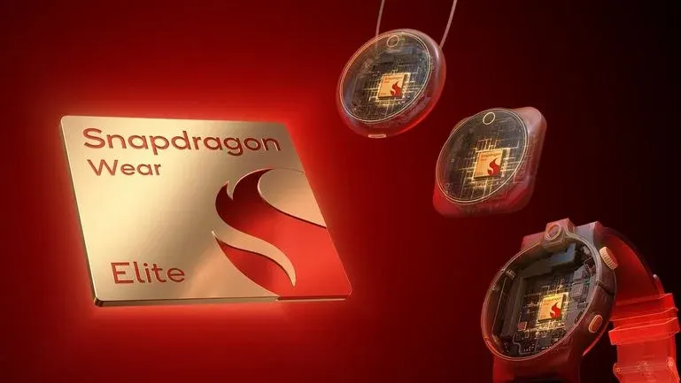 Links der Snapdragon Wear Elite-Chip, rechts ist er stilisiert in drei unterschiedliche Wearables eingebaut.