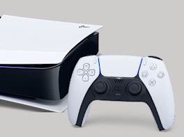 Spielkonsole mit Controller, weiß und schwarz