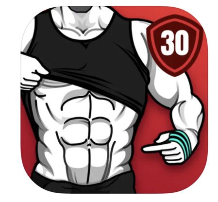 App-Icon mit einem gezeichneten, muskulösen Oberkörper einer Person, die ihr Shirt hebt und auf Bauchmuskeln zeigt, darüber ein Schild mit der Zahl 30.