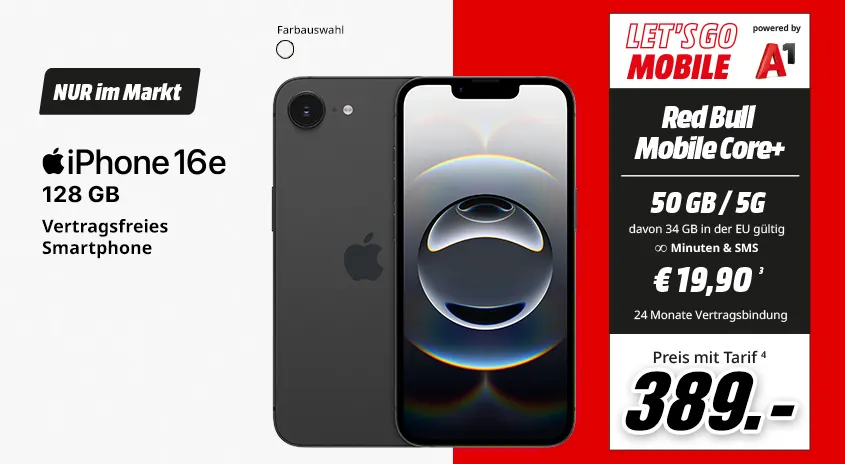 iPhone 16e, 128 GB, verschiedene Farben, vertragsfrei im Markt, mit Red Bull MOBILE Core+ Tarif um € 389,-