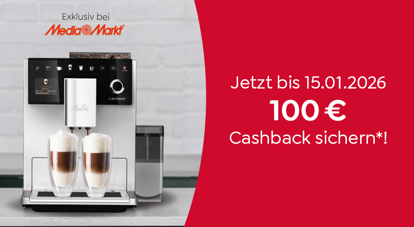 Kaffeevollautomat mit zwei Gläsern Latte Macchiato; Text auf rotem Hintergrund: 100€ Cashback bis zum 15.01.2026.
