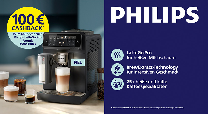 Philips LatteGo Pro Kaffeevollautomat mit 100 € Cashback, heißem Milchschaum, intensivem Geschmack und über 25 heißen und kalten Kaffeespezialitäten.