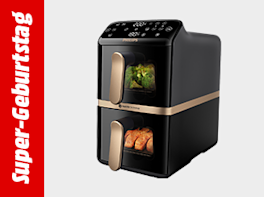 Airfryer vor weißem Hintergrund. Links davon in einem roten Balken und weißer Schrift steht: Super-Geburtstag.