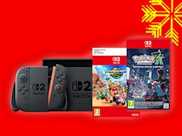 Nintendo Switch Konsole und zwei Games für die Switch 2 auf rotem Hintergrund, dekoriert mit gelber Schneeflocke in der Ecke.