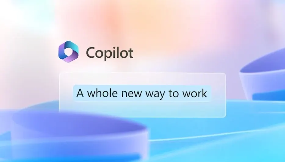 Copilot-Logo und "A whole new way to work" auf transparenter Box vor abstraktem blau-violettem Hintergrund mit Wellenformen.