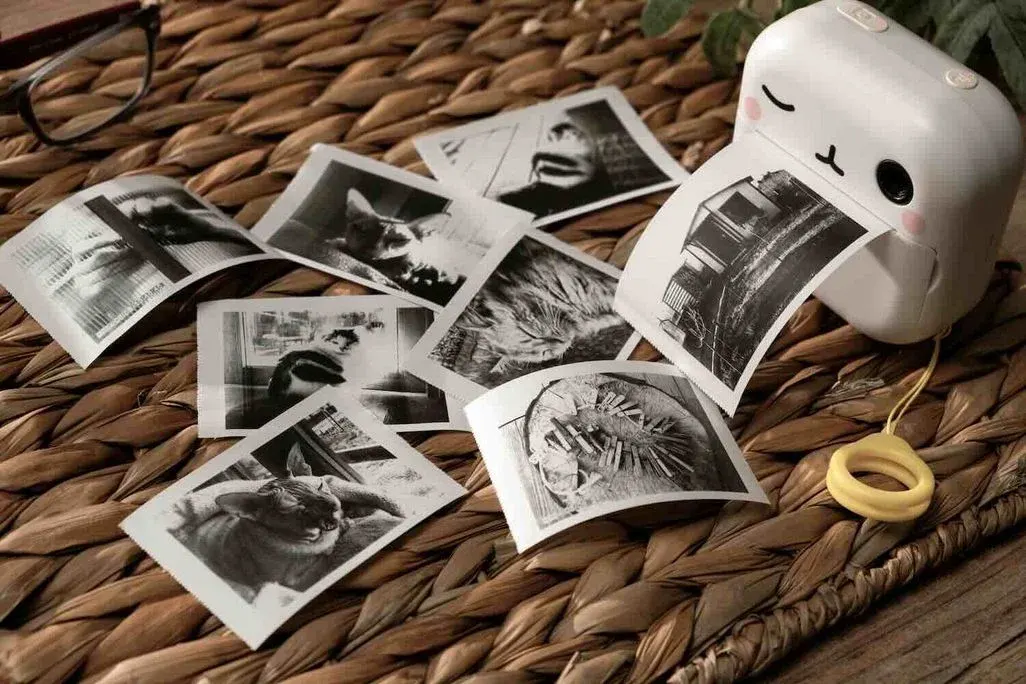 Nahaufnahme eines kleinen, tragbaren Thermodruckers mit niedlichem Katzen‑Design, der gerade ein Schwarz‑Weiß‑Foto ausgibt. Auf einer geflochtenen Rattanunterlage liegen mehrere quadratische Schwarz‑Weiß‑Abzüge mit Katzenporträts und anderen Motiven. Oben links ist der Bügel einer Brille zu sehen, rechts ein gelber Ring‑Anhänger.