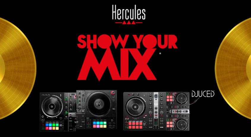 Schwarzer Hintergrund mit goldenen Schallplatten, rotem Text "Show Your Mix" und Hercules DJ-Controllern.