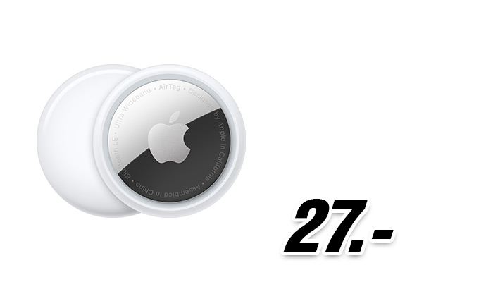 Apple AirTag, weißer Bluetooth-Tracker, Aktionspreis 27 Euro.