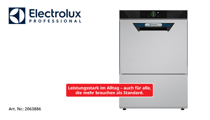 Electrolux Professional Untertisch-Gewerbespülmaschine in Edelstahl mit digitalem Bedienfeld, Werbebanner "Leistungsstark im Alltag – auch für alle, die mehr brauchen als Standard", Art. Nr. 2063886