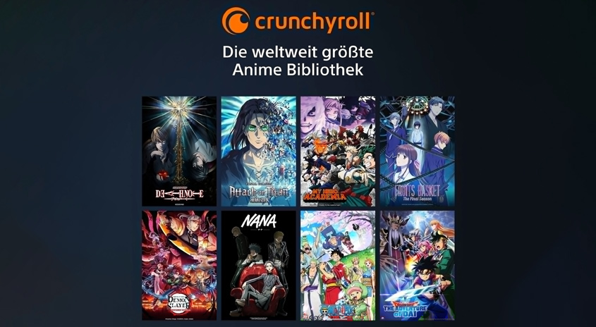 Crunchyroll-Werbung mit acht Anime-Covern, darunter Death Note, Attack on Titan und Demon Slayer auf blauem Hintergrund.