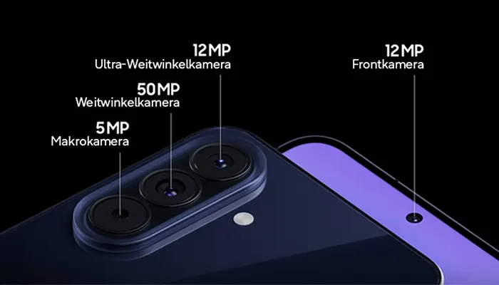 Nahaufnahme der Front- sowie der drei Rückkameras des Galaxy A57. 