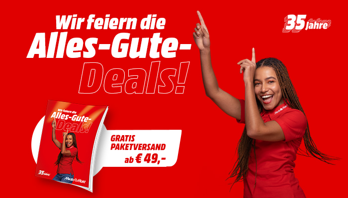 Roter Werbe-Hintergrund mit Text "Alles-Gute-Deals!". Katalog und Hinweis auf kostenlosen Versand ab 49 €.
