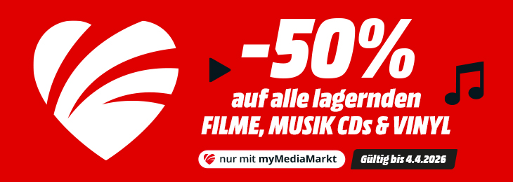 -50% auf alle lagernden Filme, Musik, CDs und Vinyl. nur mit myMediaMarkt. Gültig bis 4.4.2026