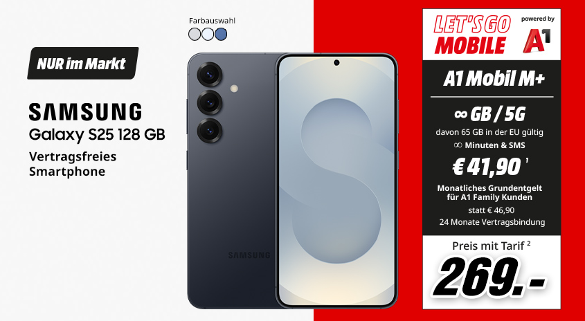 Samsung Galaxy S25, 128 GB, verschiedene Farben, vertragsfrei im Markt, mit Let's Go Mobile powered by A1 Mobil M+ Tarif um  € 269,-